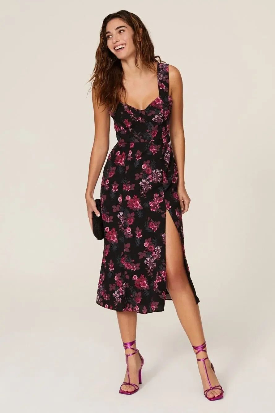 Hutch Anthropologie Floral Midi Dress Black Pink Sweetheart Slit Size 4